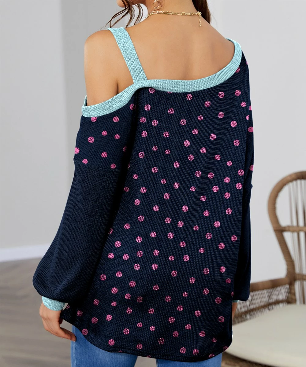 Hot Sale π IZURIA Navy & White Rooster Polka Dot Waffle-Knit Contrast Off-Shoulder Tunic - π© Women π― 2 Hot Sale π IZURIA Navy & White Rooster Polka Dot Waffle-Knit Contrast Off-Shoulder Tunic - π© Women π― - Image 2