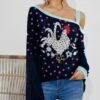 Hot Sale 👍 IZURIA Navy & White Rooster Polka Dot Waffle-Knit Contrast Off-Shoulder Tunic - 👩 Women 💯