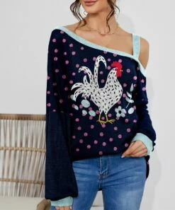 Hot Sale 👍 IZURIA Navy & White Rooster Polka Dot Waffle-Knit Contrast Off-Shoulder Tunic - 👩 Women 💯