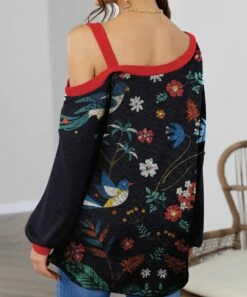 Wholesale ❤️ IZURIA Black & Burgundy Birds Floral Waffle-Knit Contrast Off-Shoulder Tunic - 👩 Women 🛒 -IZURIA Sales Store zu99619306 alt 2 tm1633546744