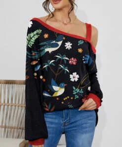 Wholesale ❤️ IZURIA Black & Burgundy Birds Floral Waffle-Knit Contrast Off-Shoulder Tunic - 👩 Women 🛒