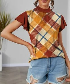 Flash Sale 🔔 IZURIA Wine & Orange Plaid Mock Neck Flutter-Sleeve Top - Plus ⭐