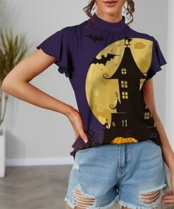 Budget 🤩 IZURIA Purple & Yellow Haunted House Mock Neck Flutter-Sleeve Top - 👩 Women & Plus ✔️