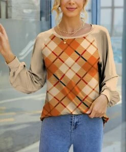 Cheapest ✨ IZURIA Apricot & Orange Plaid Bishop-Sleeve Raglan Tunic - 👩 Women 😀