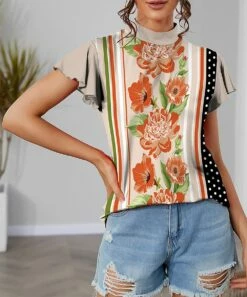 Top 10 ⌛ IZURIA Apricot & Orange Floral Polka Dot Mock Neck Flutter-Sleeve Top - Plus ⭐