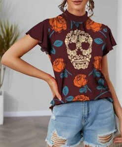 Best reviews of ✔️ IZURIA Wine & Orange Rose Skull Mock Neck Flutter-Sleeve Top - 👩 Women & Plus 🥰