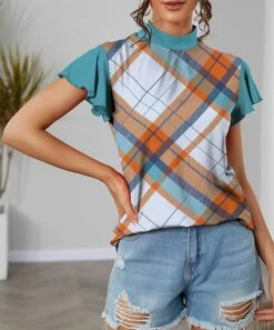 Brand new ❤️ IZURIA Aqua & Orange Plaid Mock Neck Flutter-Sleeve Top - 👩 Women 😀