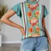 Discount 🤩 IZURIA Aqua & Orange Floral Stripe Mock-Neck Flutter-Sleeve Top - Plus 🌟