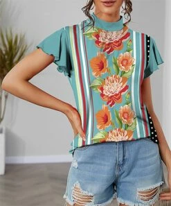 Discount π€© IZURIA Aqua & Orange Floral Stripe Mock-Neck Flutter-Sleeve Top - Plus π
