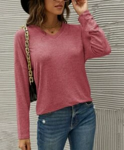 Coupon ❤️ IZURIA Red V-Neck Sweatshirt - 👩 Women 🔥 -IZURIA Sales Store zu99648295 alt 2 tm1632592526