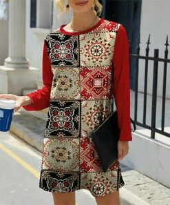 Best Pirce 🔔 IZURIA Red & Khaki Mandala Patchwork Long-Sleeve Shift 👗 Dress - 👩 Women 🔔