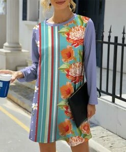 IZURIA Sales Store 37 Top 10 π IZURIA Lavender & Aqua Floral Stripe Long-Sleeve Shift π Dress - π© Women π