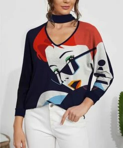 Wholesale 👍 IZURIA Black & Red Abstract Face Long-Sleeve Choker-Cutout Top - 👩 Women 👍